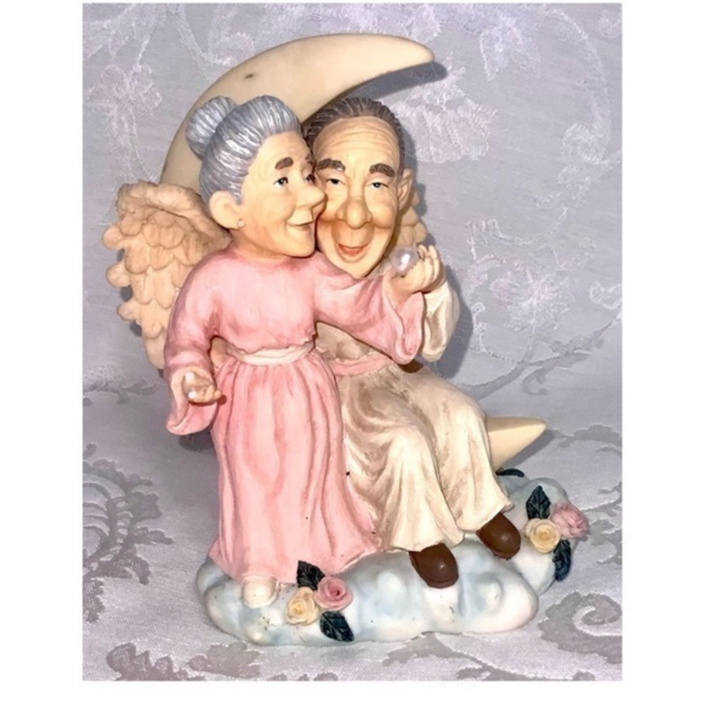 Rare Old Man & Woman Angels On Moon Giving Pearl Earrings 1997 Sansco Figurine